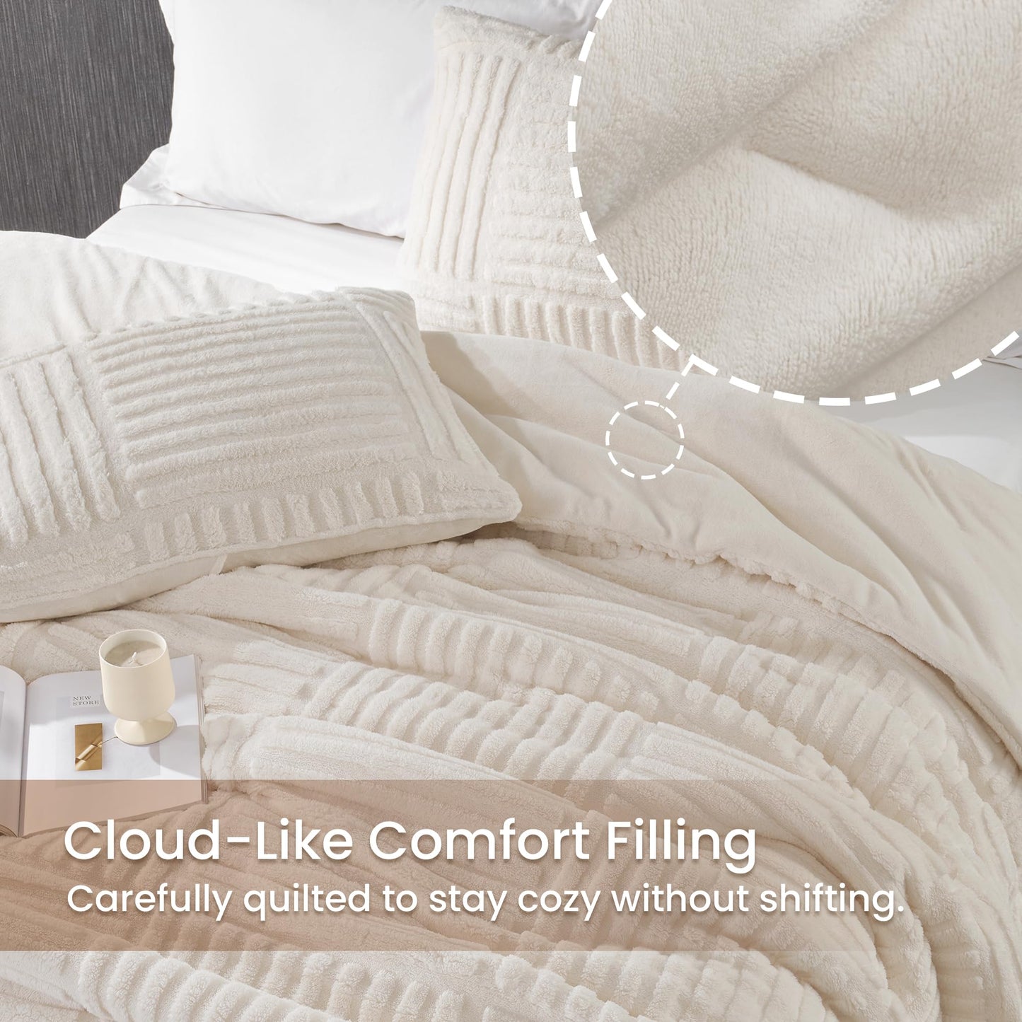 Amélie Home Fleece Comforter Set Queen Size, Beige Fleece Bedding Set with Stripe Jacquard, Soft Fluffy Bedding Set, 3 Pieces, 1 Warm Comforter and 2 Pillowcases