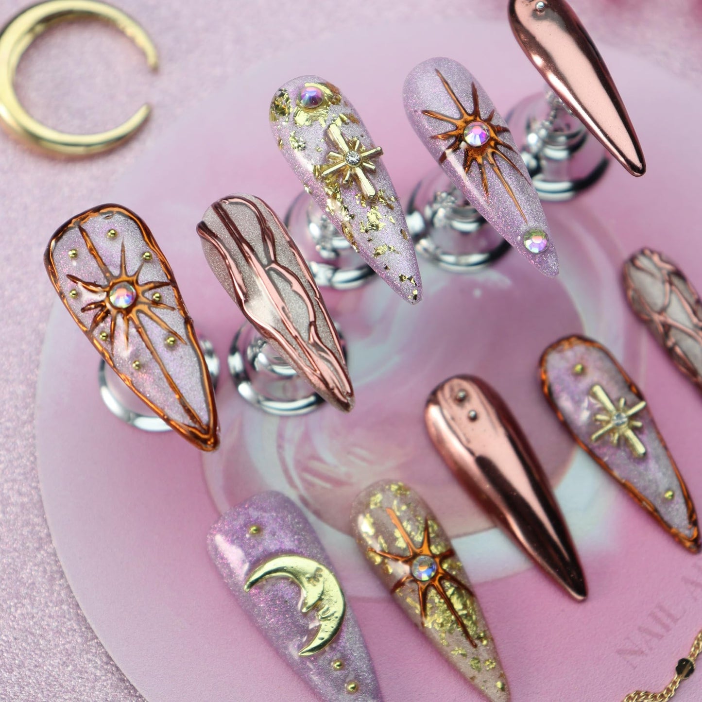 Star Moon Press on Nails Long Stiletto Fake Nails Pure Handcrafted Nail Mirror Effect Glue on Nails Glitter False Nail with Design Rhinestone Stick on Nail for Women Girls Luxury Manicure (L)