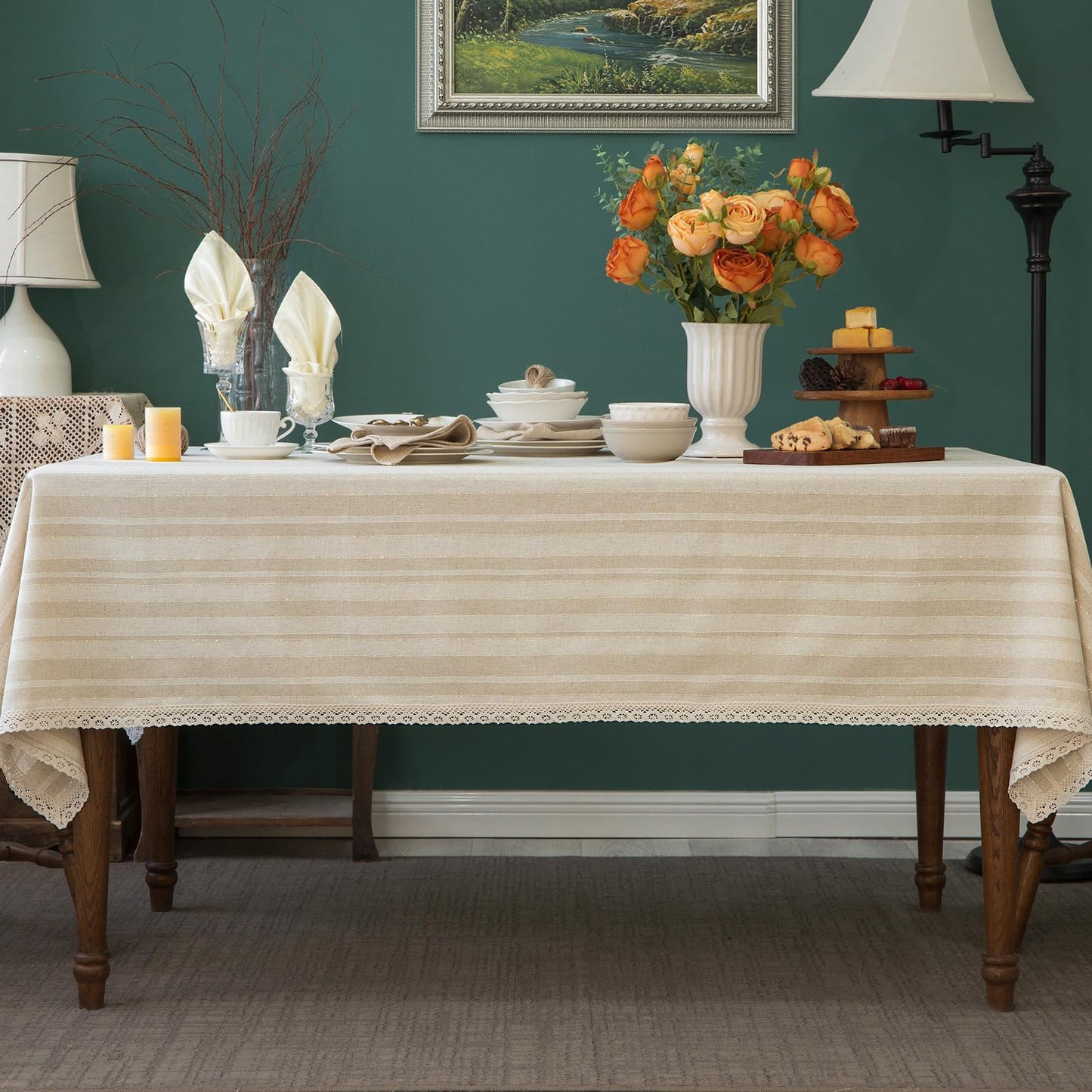 Linen Textured Rectangle/Oblong Tablecloth with Lace Trim Yarn-dyed Golden Purl StripeTable Cover for Buffet Banquet Parties Event Holiday Farmhouse Kitchen Dining Table Cloth Decor 52x70 In