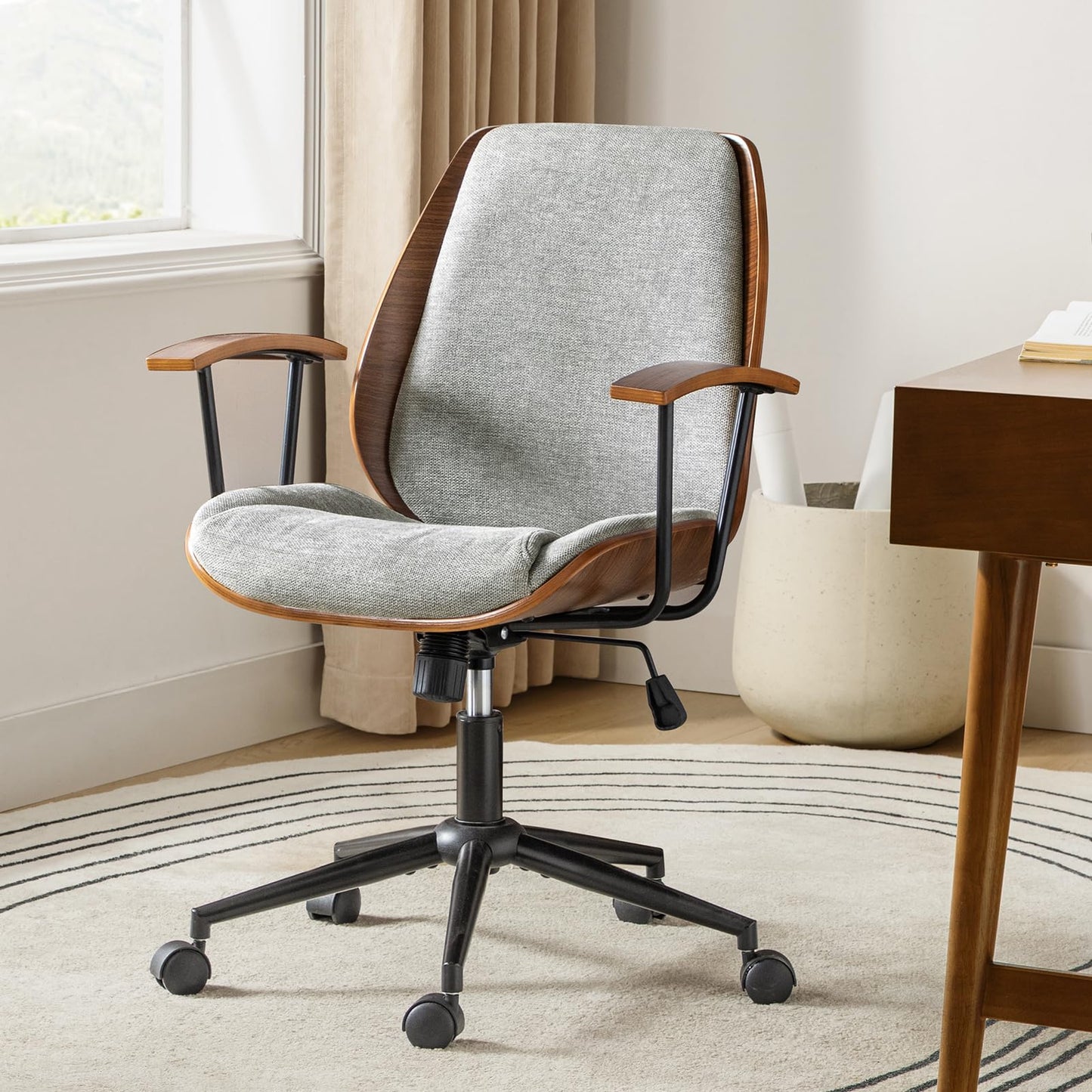 HULALA HOME Solid Wood Office Chair with Rocking Function, Comfy Fabric Desk Chair with Bent Wood and Metal Base, Height Adjustable Swivel Computer Task Chair, Grey