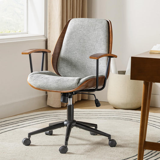 HULALA HOME Solid Wood Office Chair with Rocking Function, Comfy Fabric Desk Chair with Bent Wood and Metal Base, Height Adjustable Swivel Computer Task Chair, Grey