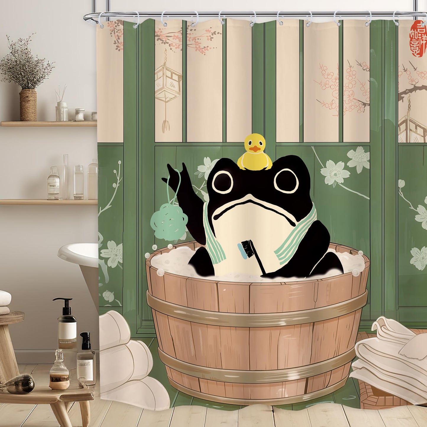 LGhtyro Funny Frog Shower Curtain Bathroom Set 60Wx71H Inches Traditional Japanese Cute Animal Cherry Blossom Kwaii Rustic Green Board Bath Accessories Rustic Retro Art Home Decor Fabric 12 Pack Hooks