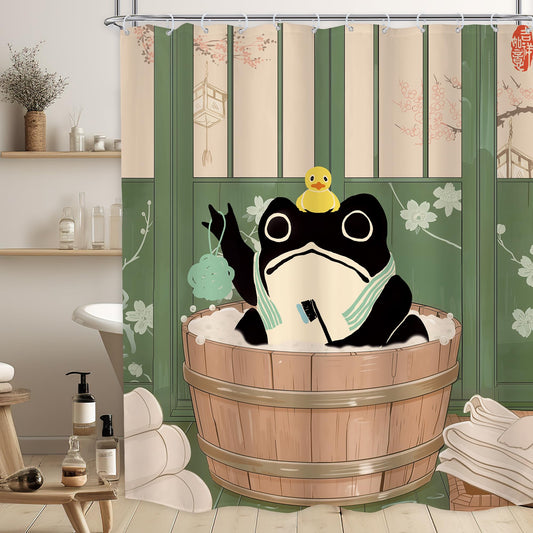 LGhtyro Funny Frog Shower Curtain Bathroom Set 60Wx71H Inches Traditional Japanese Cute Animal Cherry Blossom Kwaii Rustic Green Board Bath Accessories Rustic Retro Art Home Decor Fabric 12 Pack Hooks