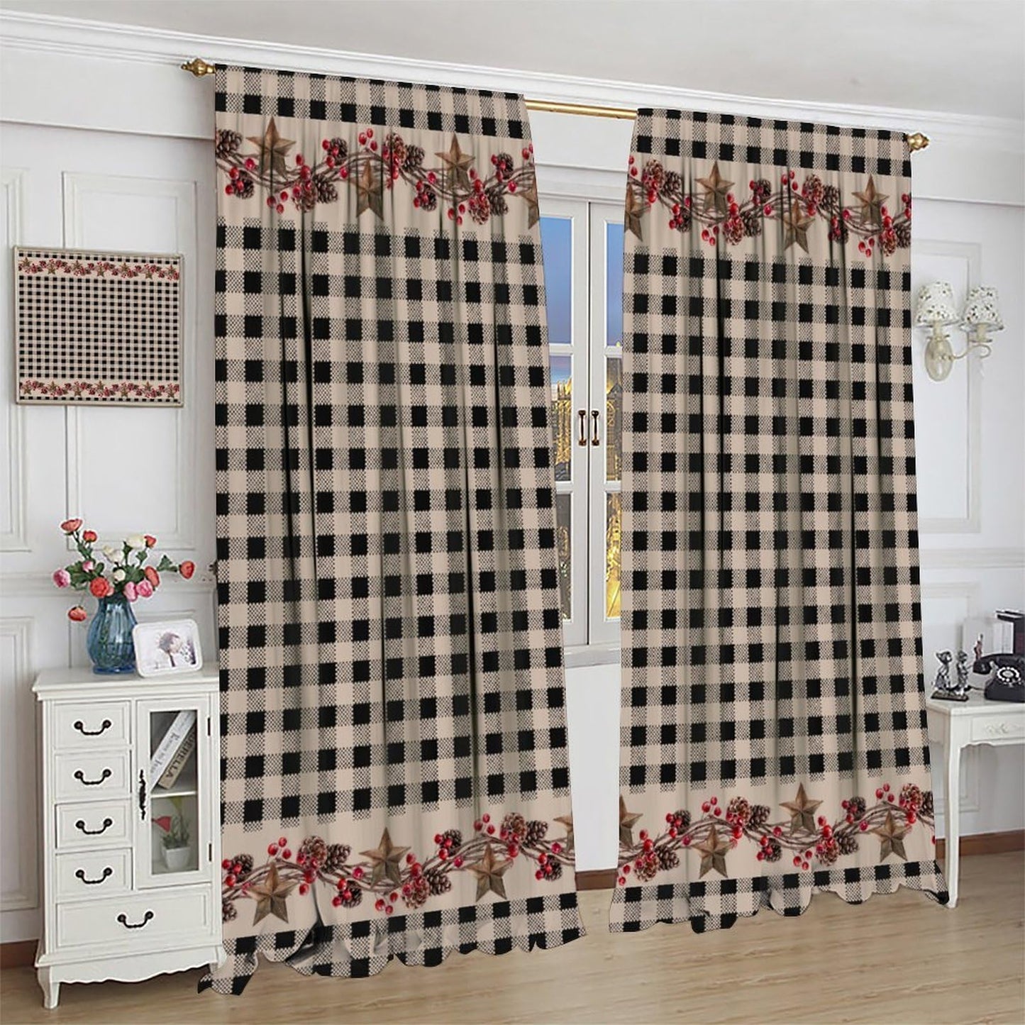 Nanacur Rustic Farmhouse Curtains, Vintage Country Black White Buffalo Plaid Pine Cone Berry Western Texas Print Window Treatments for Kitchen Bedroom Cafe, 42" W X 45" L