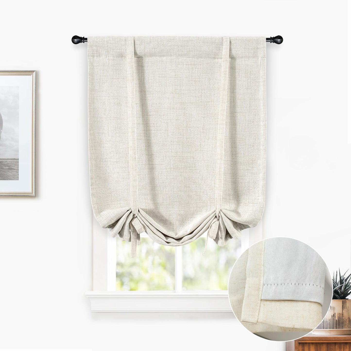 DriftAway Double Layer Linen Blackout Tie Up Curtains Thermal Insulated Fully Lined Balloon Roman Shade Bathroom Window Adjustable Rod Pocket for Small Window 25 Inch by 47 Inch Light Linen