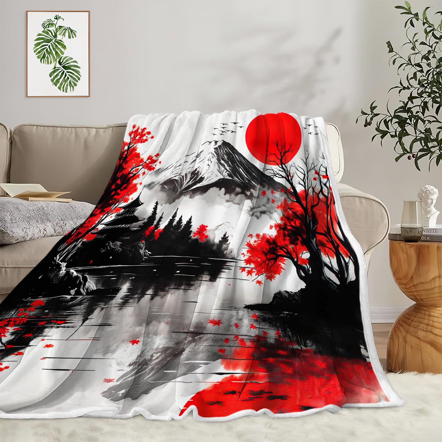 DYNH Japanese Mount Fuji Red Maple Leaf Red Sun Lake Reflection Torii Gate Ink Painting Style Throw Blanket, Cozy Fleece Blanket for Couch Bed Sofa, Asian Decor Gift for Bedroom Living Room,50X60