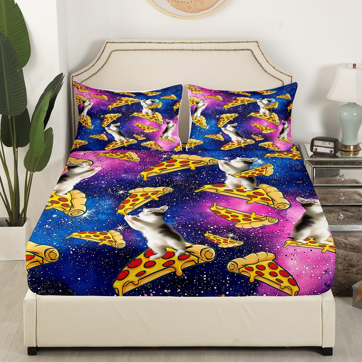 Feelyou Kids Pet Cat Pattern Fitted Sheet Teens Cute Kitten Bedroom Decor for Boys Girls Galaxy Glitter Bedding Set Pizza Print Bed Sheet Set 3D Animal Bed Cover Twin Size