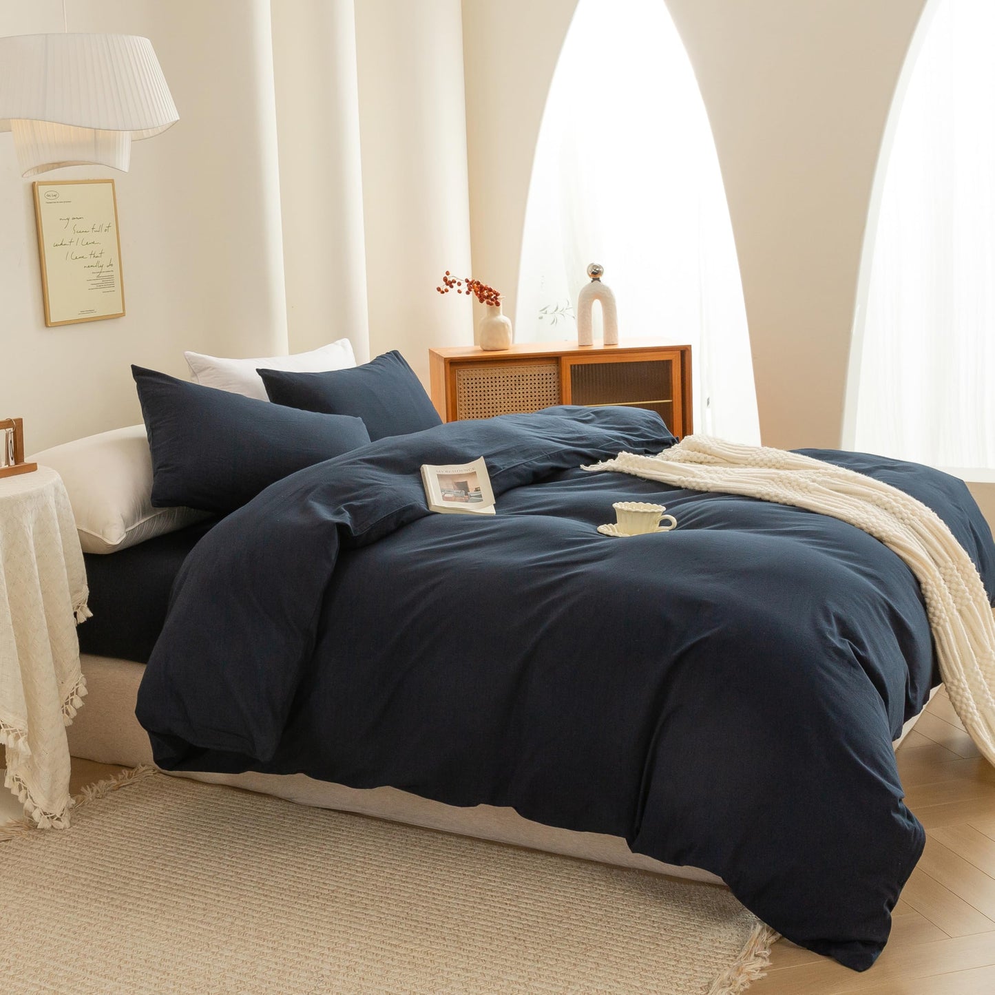 ECOCOTT Navy Blue Duvet Cover Queen Size, 100% Washed Cotton 3 Piece Bedding Set 1 Duvet Cover with Zipper and 2 Pillowcases, Ultra Soft and Easy Care Breathable Duvet Cover(Navy Blue, Queen)