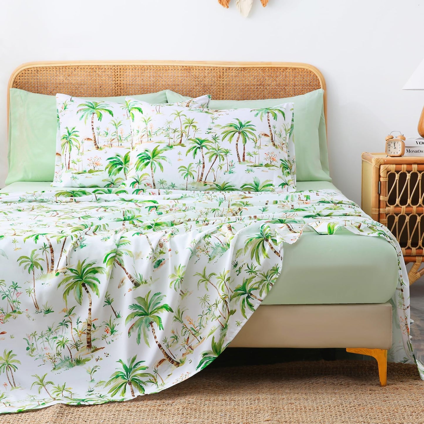 LONAVA Tropical Queen Size 6 Pcs Sheet Set, Breathable Microfiber Deep Pocket Sage Green Fitted Sheets, Comfy & Breathable Patterned Flat Sheets,4 Gentle Soft Pillowcases, Summer Tree