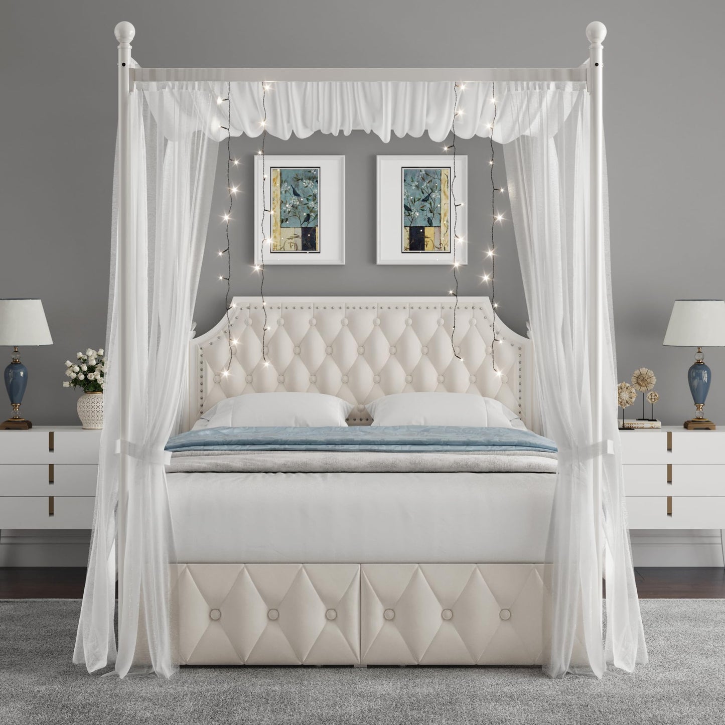 Keyluv Full Upholstered Canopy Bed Frame with 2 Storage Drawers & Button Tufted Headboard, Metal Platform Bed with 4 Removable Posts, Two-Purpose Velvet Bed, Beige/Curtain Not Included
