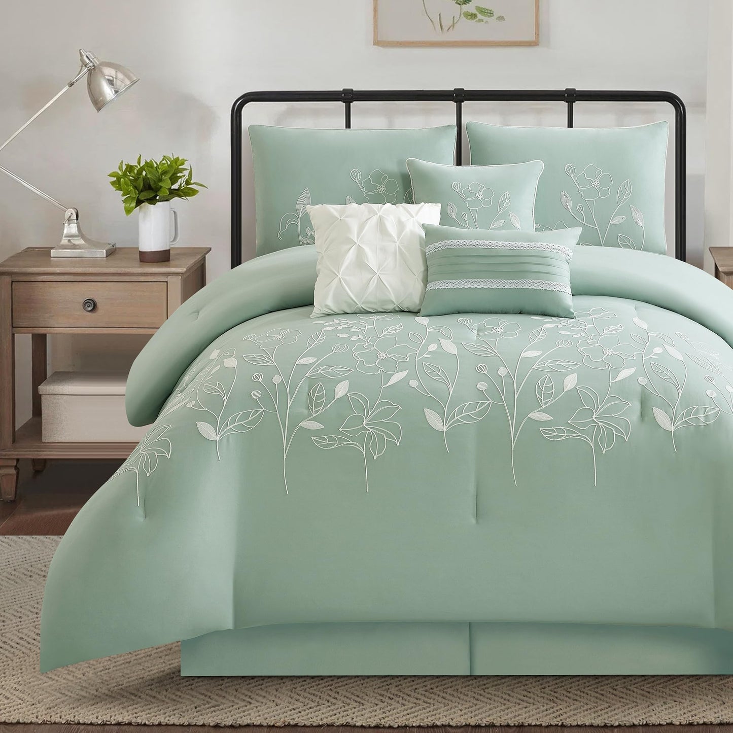 LANCO MODERN LIFESTYLE Green Queen Comforter Set, Chain Stiching 3D Floral Embroidery, Exquisite and Elegant Bedding Sets, 7 Pieces Bed in a Bag, Bedskirt, Pillow Shams and Decor Pillows