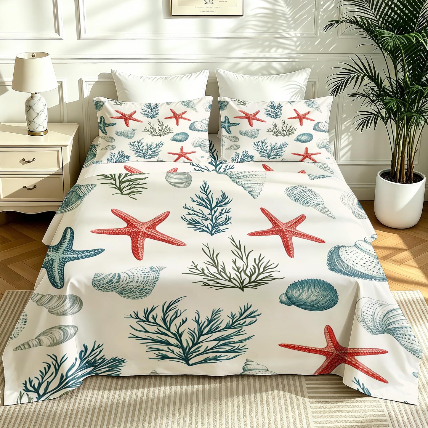 Coastal Queen Sheet Set 4 Pcs Marine Life Bed Sheets