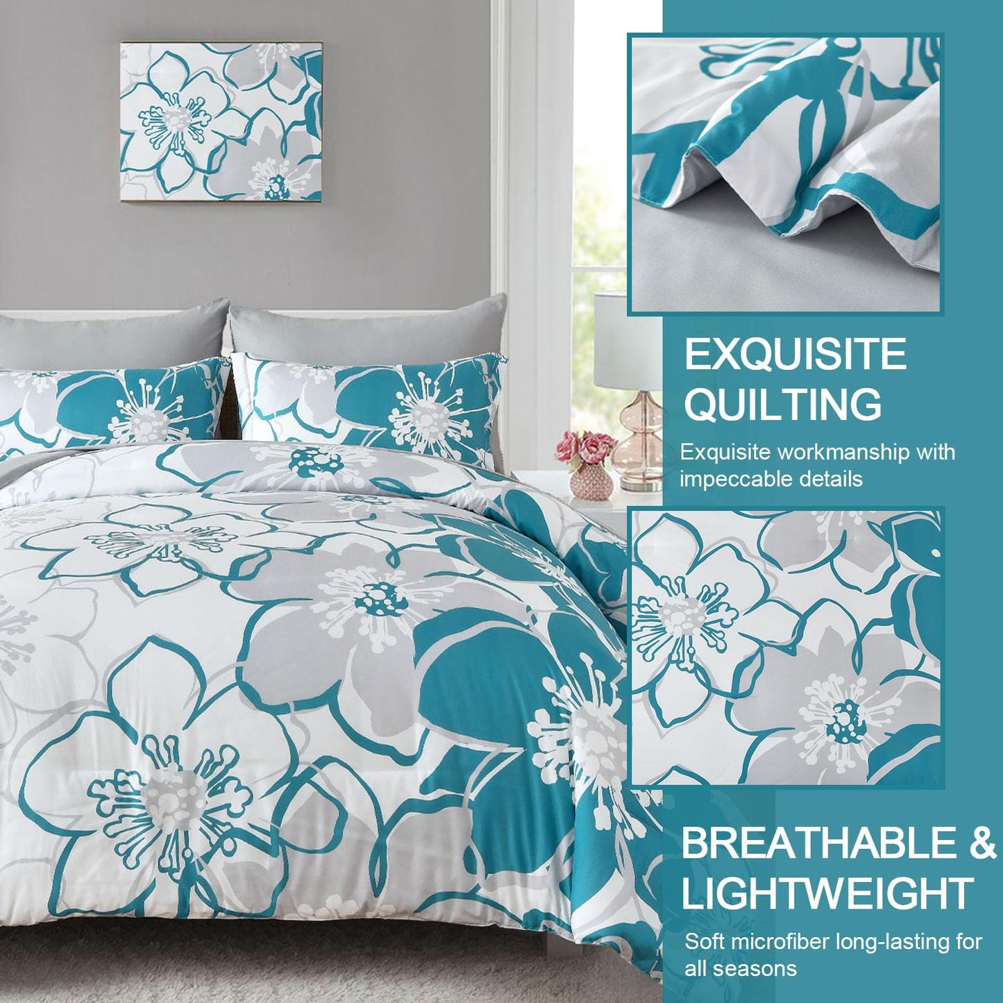 Anibedding Teal Floral Comforter Set Queen Size 7 Piece, Teal Blue Flower Bed in a Bag, Elegant Botanical Floral Comforter Soft Microfiber Complete Bedding Set for All Season, (Teal, 90"x90")