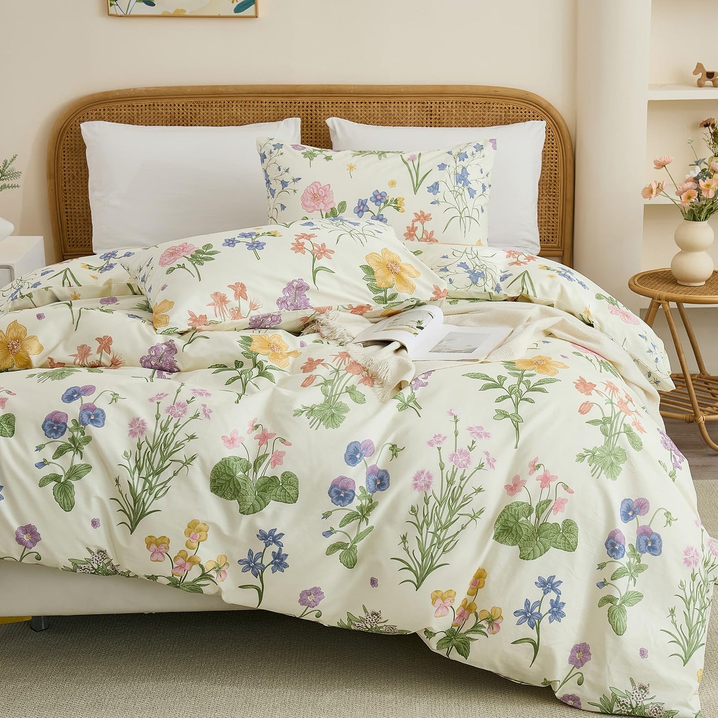 Cozaline 100% Cotton Duvet Cover King Size – Botanical Garden Print, Green Floral Duvet Cover Set with Zipper Closure, 3-Piece Soft Breathable Natural Cotton Bedding Set for All Seasons