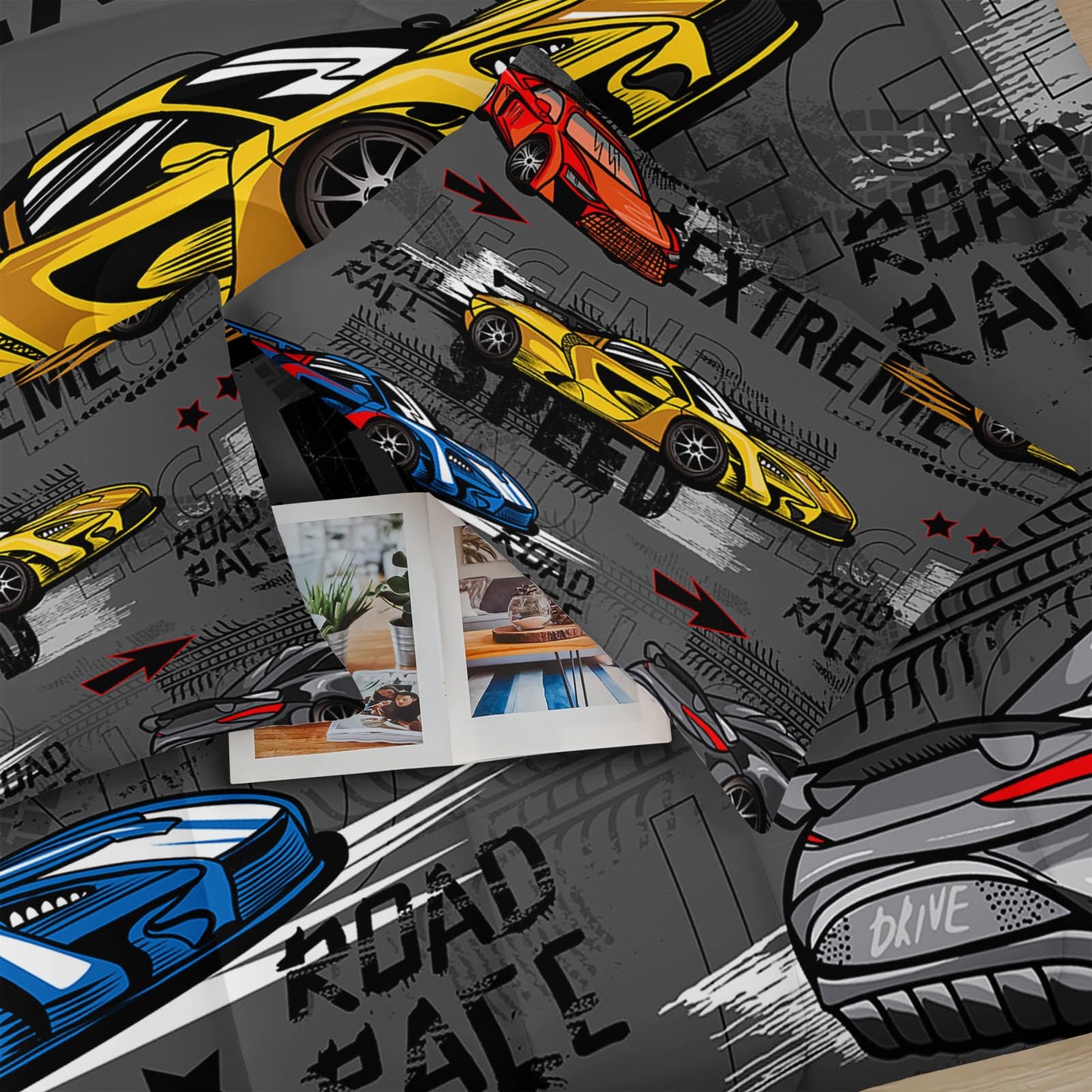 lneffble Race Car Full Comforter Set for Boys，Race Car Full Bedding Sets for Boys，Hot Wheels Cars Full Bedding Set，Theme Room Decor