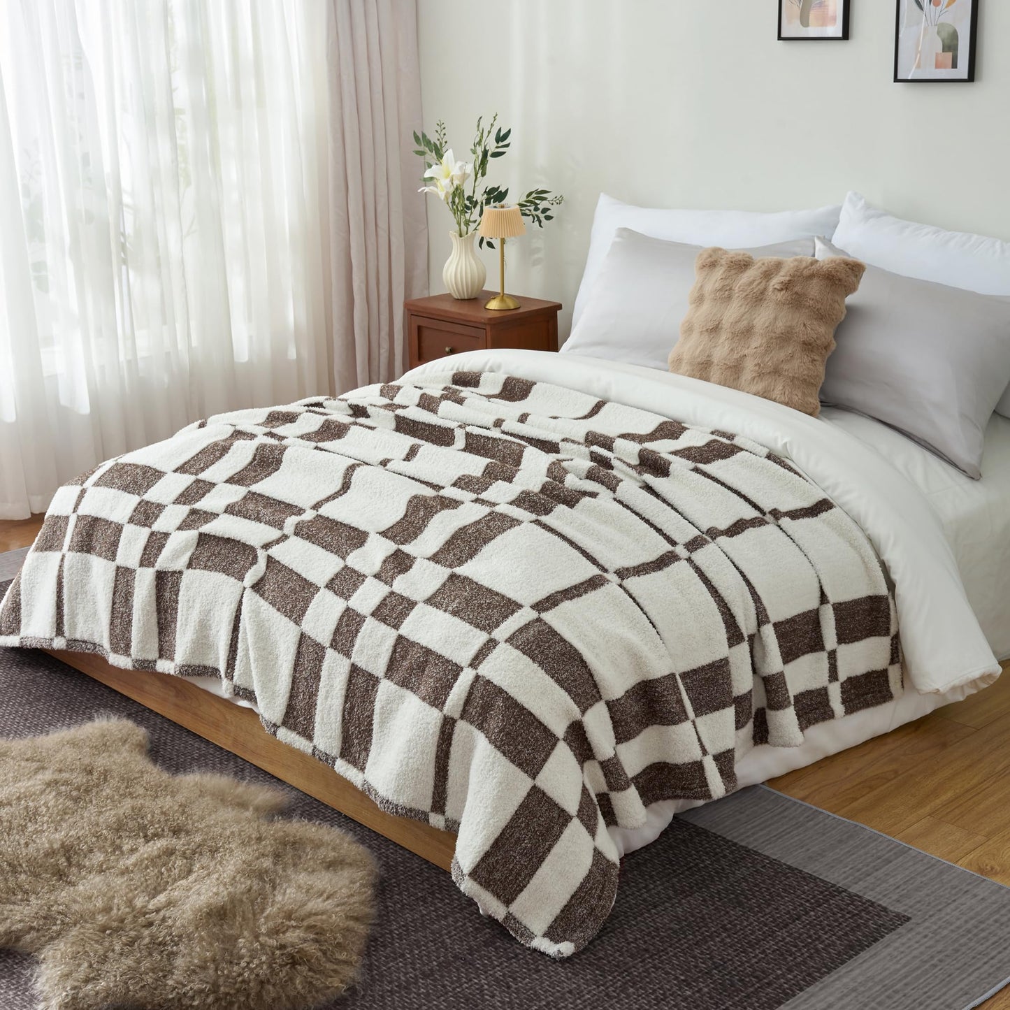 CloudDwelling Winter Plaid Throw Blanket Fluffy Fuzzy Soft Lightweight Cozy Farmhouse Tassels Checkered Knitted Throws for Couch Sofa Bed (Brown, 50"x60")