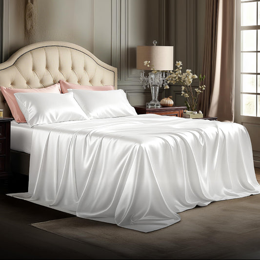 Bedsure White Satin Sheets Full Size - 4 Piece Silky Bedsheets with Elastic Corner Straps and 15 Inches Deep Pocket Fitted Bedsheet,1 Flat Sheet, 2 Satin Pillowcases, Good for Hair & Skin (Full,White)