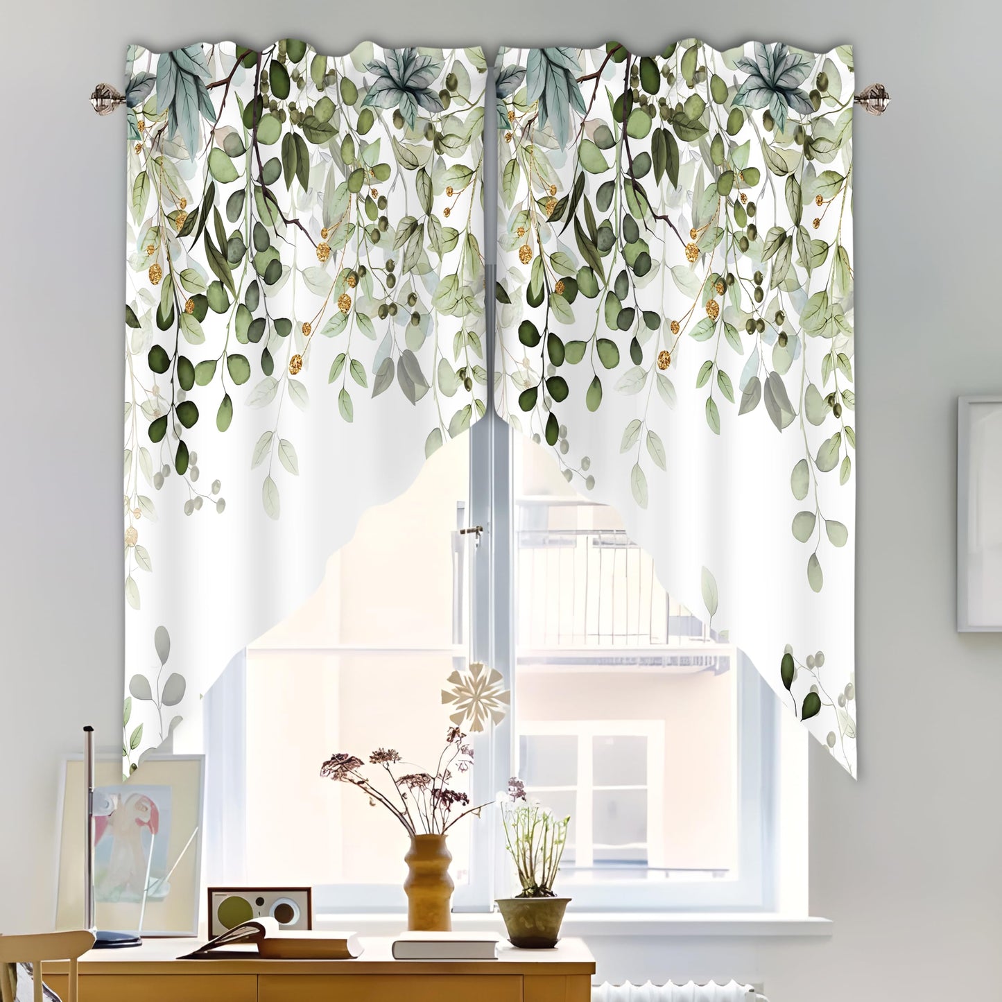 AYTTBIS Sage Green Eucalyptus Swag Curtain Valance for Windows,Watercolor Leaves Window Treatments Short Swag Topper for Kitchen Windows Bathroom Bedroom,28 x 36 Inch