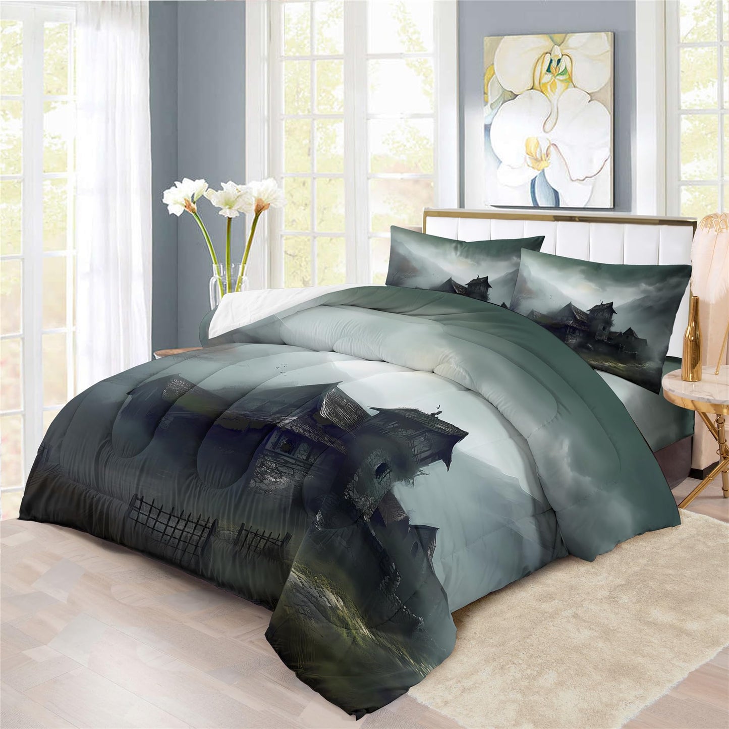 Halloween Haunted House Design Comforter Set | Horror Festive Night Spooky Manor Prints Bedding Set | with Soft Comforter+2 Pillow Shams(3PCS) or Sheet (4PCS) (C,Full-3PCS)