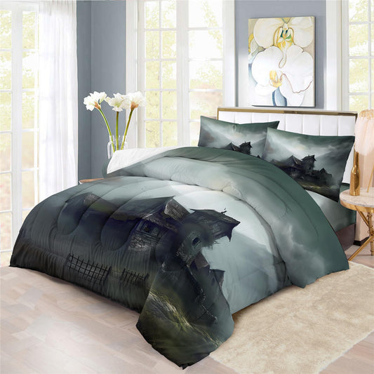 Halloween Haunted House Design Comforter Set | Horror Festive Night Spooky Manor Prints Bedding Set | with Soft Comforter+2 Pillow Shams(3PCS) or Sheet (4PCS) (C,Full-3PCS)