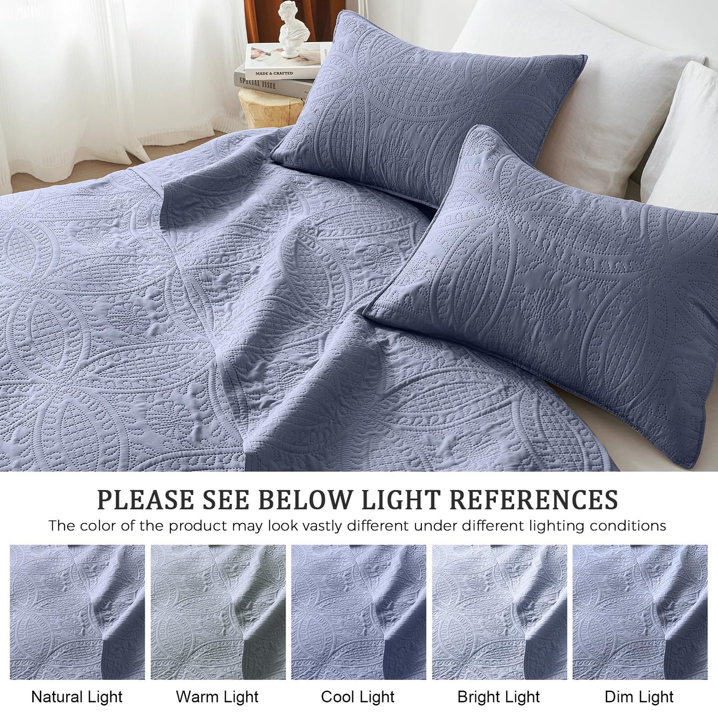 akkialla Quilts Queen Size,Bluish Grey Ultrasonic Full/Queen Quilt Set,Lightweight Soft Bedspread Coverlet,Modern Style Coin Pattern Bed Cover for All Seasons,3 Piece(1 Quilt,2 Pillow Shams)