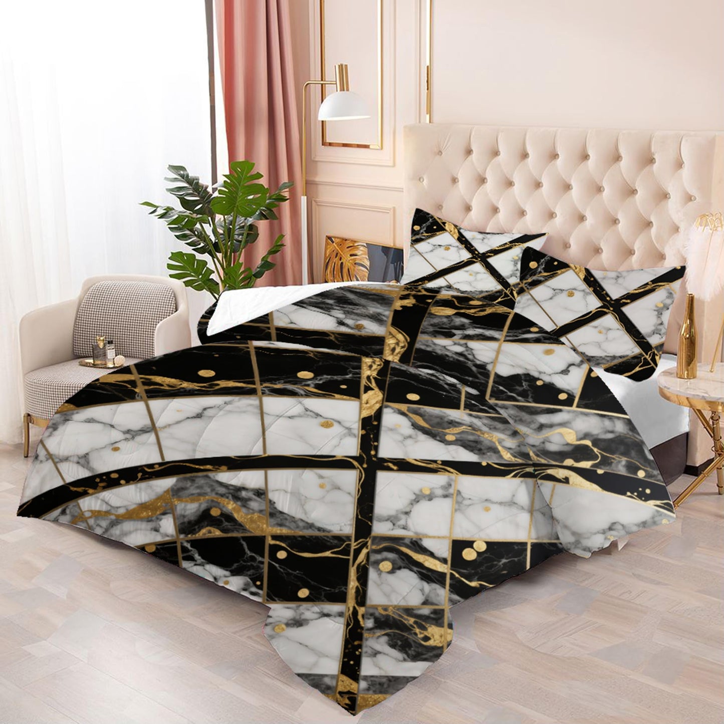 EDGZKO White Marble Comforter Set: Twin Size Geometric Black and Gold Bedding Sets Abstract Marbling Quilts for Teens Kids Modern Aesthetic Bed Set 1 Comforter & 1 Pillowcase