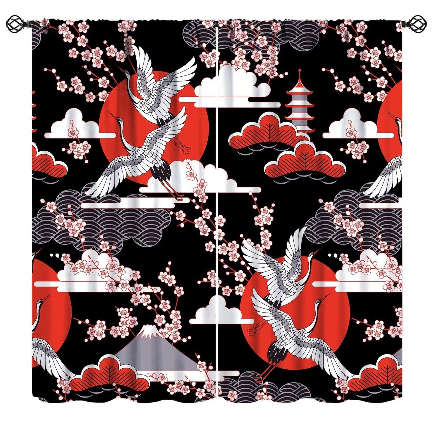 Mchenxin Japanese Crane Bird Curtains, Oriental Traditional Pink Cherry Blossoms Flower Retro Line Geometric Art Window Curtains for Kitchen Bedroom Living Room, 42x45in (No Blackout)