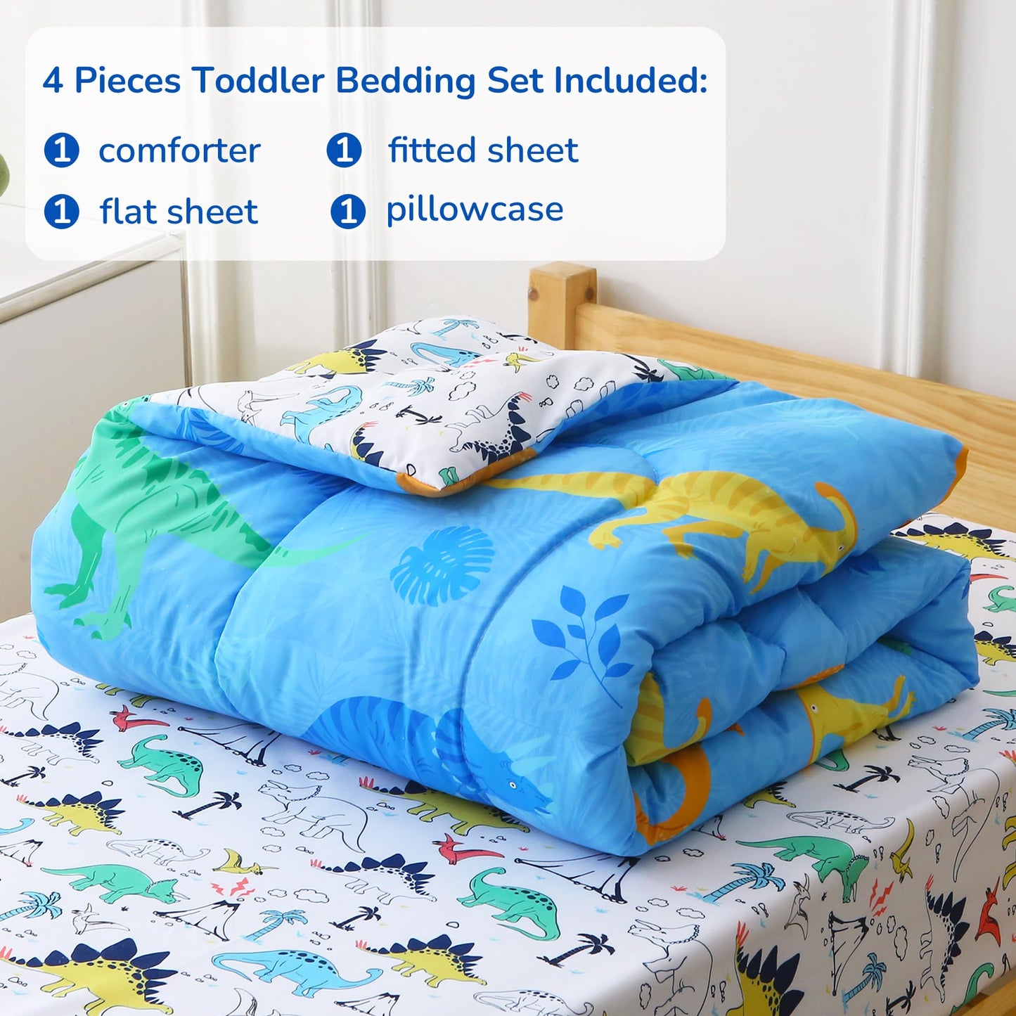 Viviland Blue Dinosaur Toddler Comforter Sets, Cute Girls Toddler Bedding Set, Soft Microfiber Toddler Bed Set