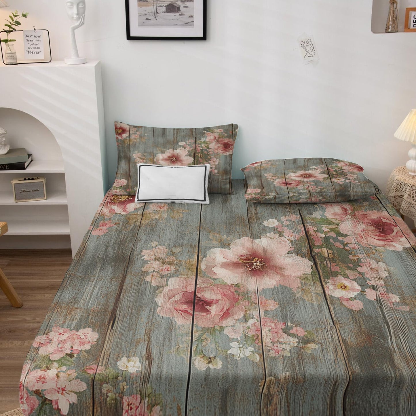 NOGAWA Rustic Wood Floral Sheets Queen, Vintage Pink Flower Bed Sheets, Deep Pocket & Soft Microfiber Bedding Sheets & Pillowcases 4 Piece - Fitted Sheet & Flat Sheet & 2 Pillow Cases