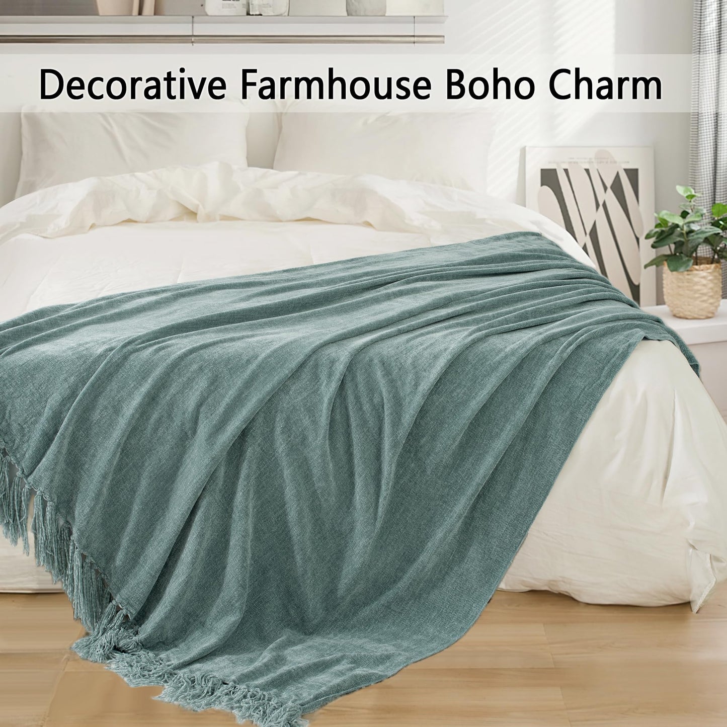 LONG CREATE Chunky Knit Throw Blanket Bundle Chenille Throw Blanket， 50"X 60" Sage Green