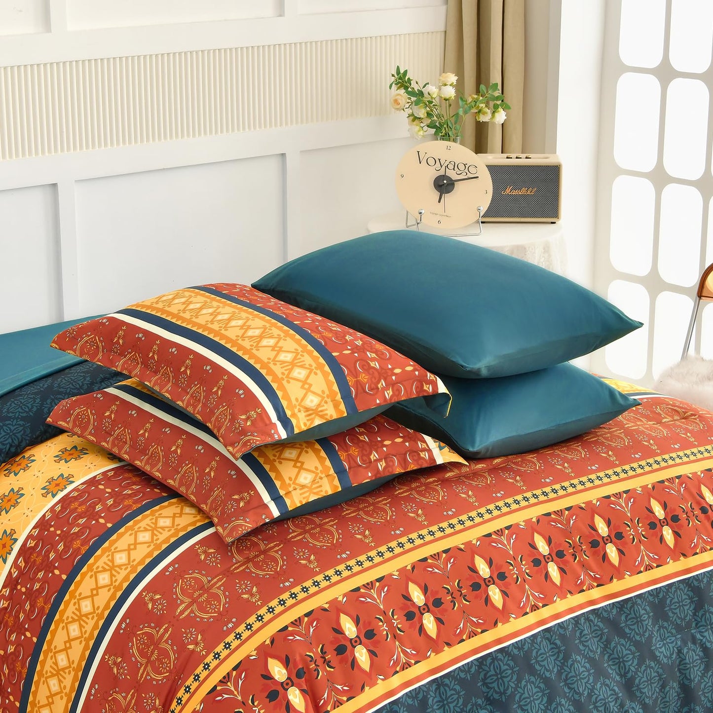 WONGS BEDDING Boho Comforter Set King Size,7 Pieces Bed in a Bag Bohemian Striped Bedding Set,Burnt Orange Paisley Floral Comfortet and Sheet Set,Soft Microfiber Bedding Sets for All Season