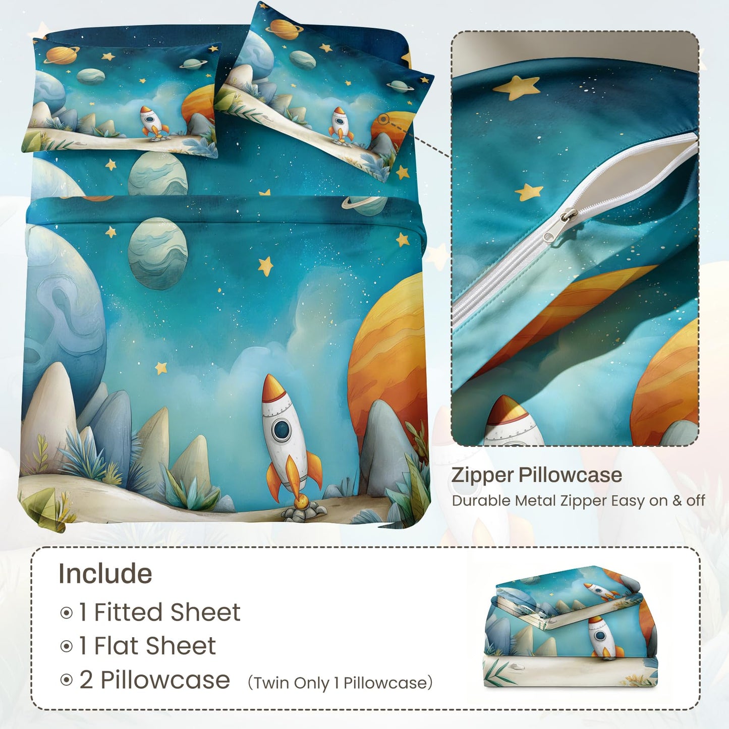 Kids Rocket Queen Sheet Set 4 Pcs Solar System Bed Sheets