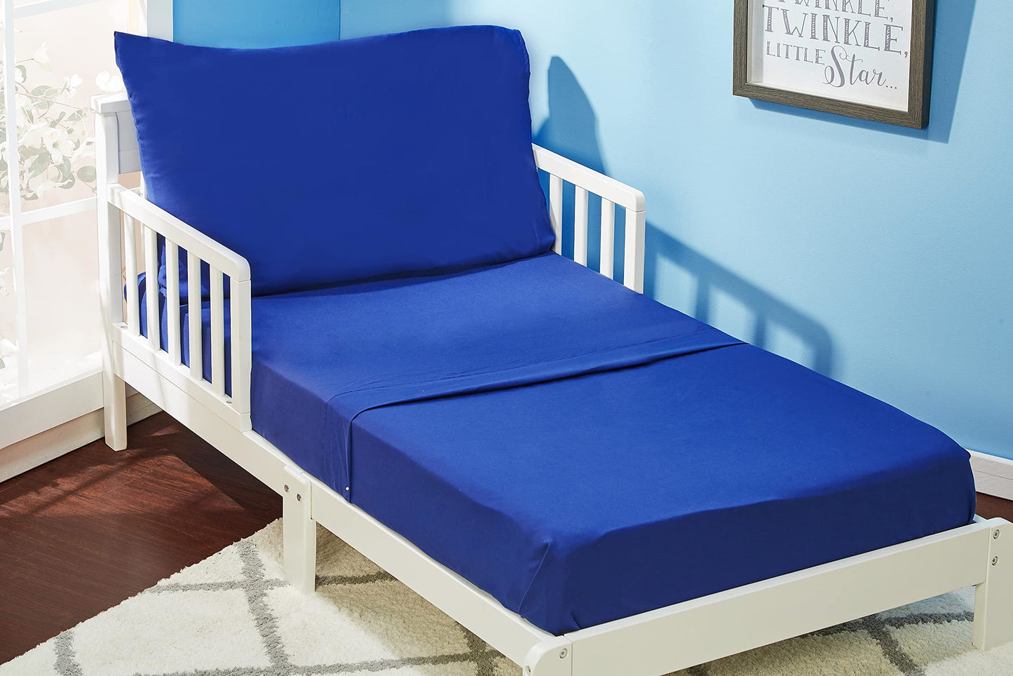 EVERYDAY KIDS 4 Piece Toddler Bedding Set - Includes Comforter, Flat Sheet, Fitted Sheet and Reversible Pillowcase - Solid Navy