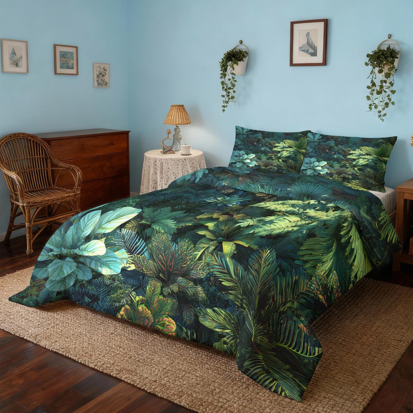 Tropical Leaves Comforter Set King Size 3Pc, Jungle Rainforest Pattern Down Alternative Bed Comforter, 2 Pillow Shams, Soft All Season Bedding, Tropical Leaves Bedroom Decor