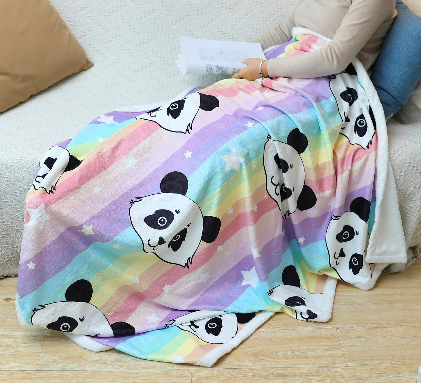 Panda Pattern Flannel Blanket - Super Soft Rainbow Cozy Throw for Girls Kids Teens, Lightweight, Cute Bedding for Home Bedroom Sofa Couch Gifts for Pandas Lover (Rainbow Panda, 50x60 Inches)