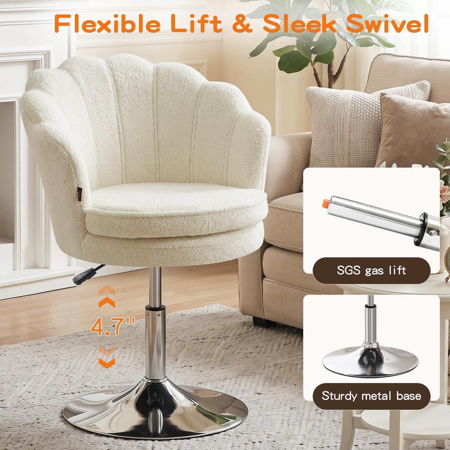 Furniliving Teddy Vanity Chair No Wheels, Modern Swivel Makeup Chair with Ergonomic Lotus-Shaped Backrest, Height Adjustable, Comfy Desk Chair for Dressing Room, Home Office, Bedroom, White