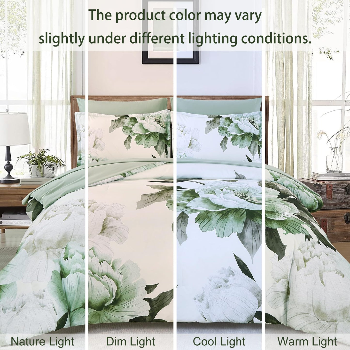 Dobuyly Green Queen Comforter Set 7 Piece Bed in a Bag Queen, Sage Green Floral Printed Comforter Set with Sheets, Soft Microfiber Botanical Flower Complete Bedding Set for All Season