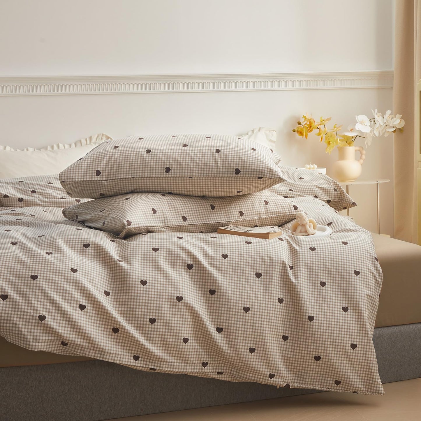 AMZTOP King Duvet Cover Set - Brown Plaid Gingham Comforter Cover with Zipper Closure - 3 Pieces, Includes 1 Duvet Cover& 2 Pillowcases, 100% Cotton King Size Bedding Sets for Teen Girls
