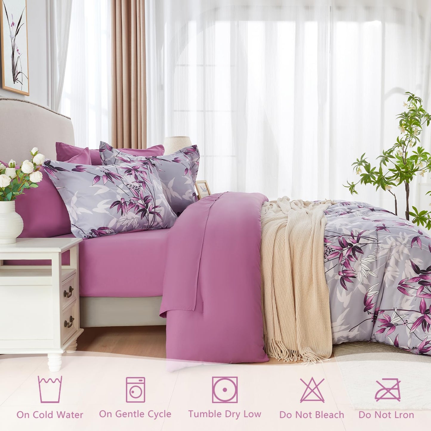 LXWORX Queen Comforter Set Purple - 7 Pieces Bed in a Bag Botanical Leaf Pattern Bedding Set, Soft Lightweight Bed Set with Comforter and Sheets for All Season (Purple,Queen)