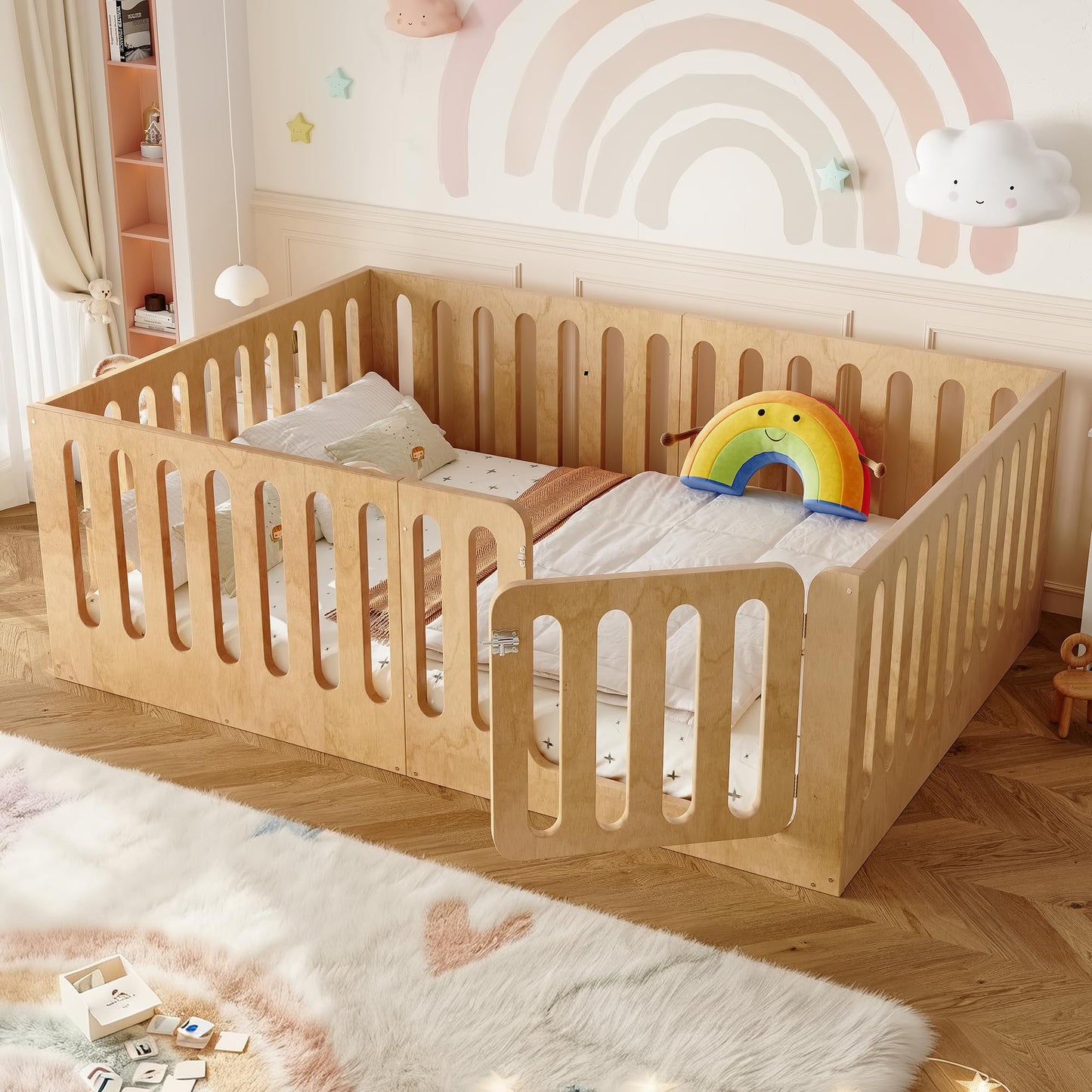 KEIKI Full Size Wood Montessori Floor Bed Frame with Door, for Girls and Boys, Modern Style Low-Profile Design Floor Bed with High Fence, Easy Assembly, No Box Spring Required, for Bedroom, Natural
