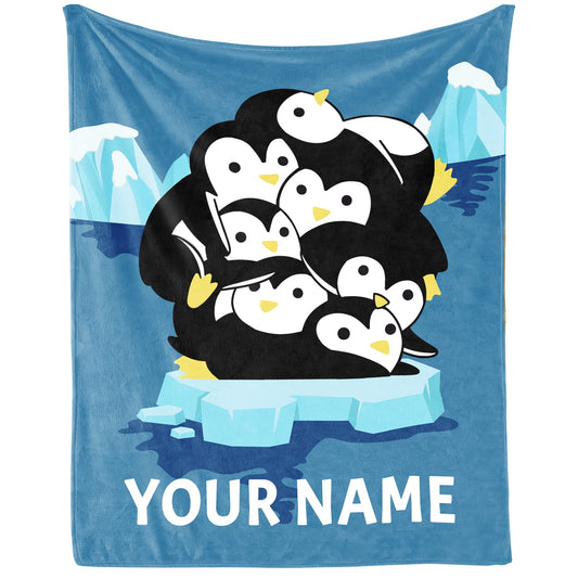Personalized Penguin Blanket Gifts with Name - 60"x80" Cute Throw Blanket for Adults, Kids - Blue Soft Plush Blankets for Bed, Couch & Living Room