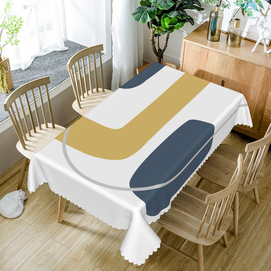 SIEDYCV Mid Century Rectangle Tablecloth 60x120 Inch Abstract Navy Blue Yellow Pattern White Fabric Table Cloth Polyester Washable Waterproof Table Cover for Cottage Kitchen Dining Party Room Decor