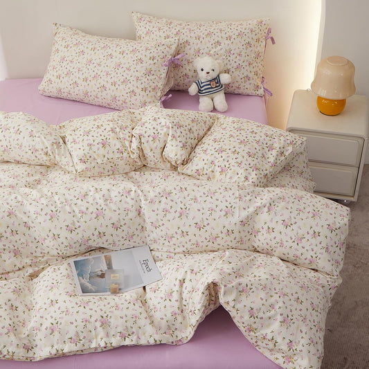LifeTB Floral Cottagecore Comforter Set Queen, 3 Pieces Vintage Flowers Comforter Coquette Aesthetic Bedding Set for Girls Teen Women, Soft Lightweight Botanical Comforter with 2 Bow Ties Pillowcases
