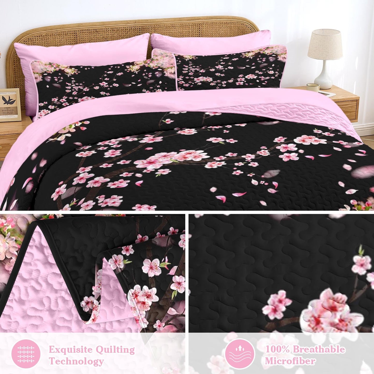 Pamnest 7 Pcs Quilt Set Queen Size, Cherry Floral Pink Soft Bed Cover Bedding Set for Kids and Adults, Japanese Black Bedspread with Fitted Sheet 2 Pillowcases & 2 Shams for All Season