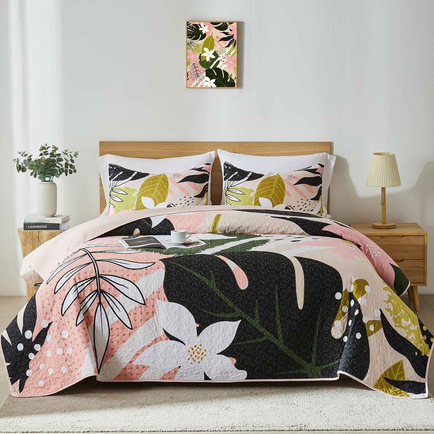 Yogeneg King Quilt Bedding Set,Elegant Botanical Pattern Oliver Green King/Cal King Quilt Set,3 Piece Lightweight Soft Summer Bedspread Coverlet with 2 PIillow Shams,All Season(Oliver Green,110"x96")