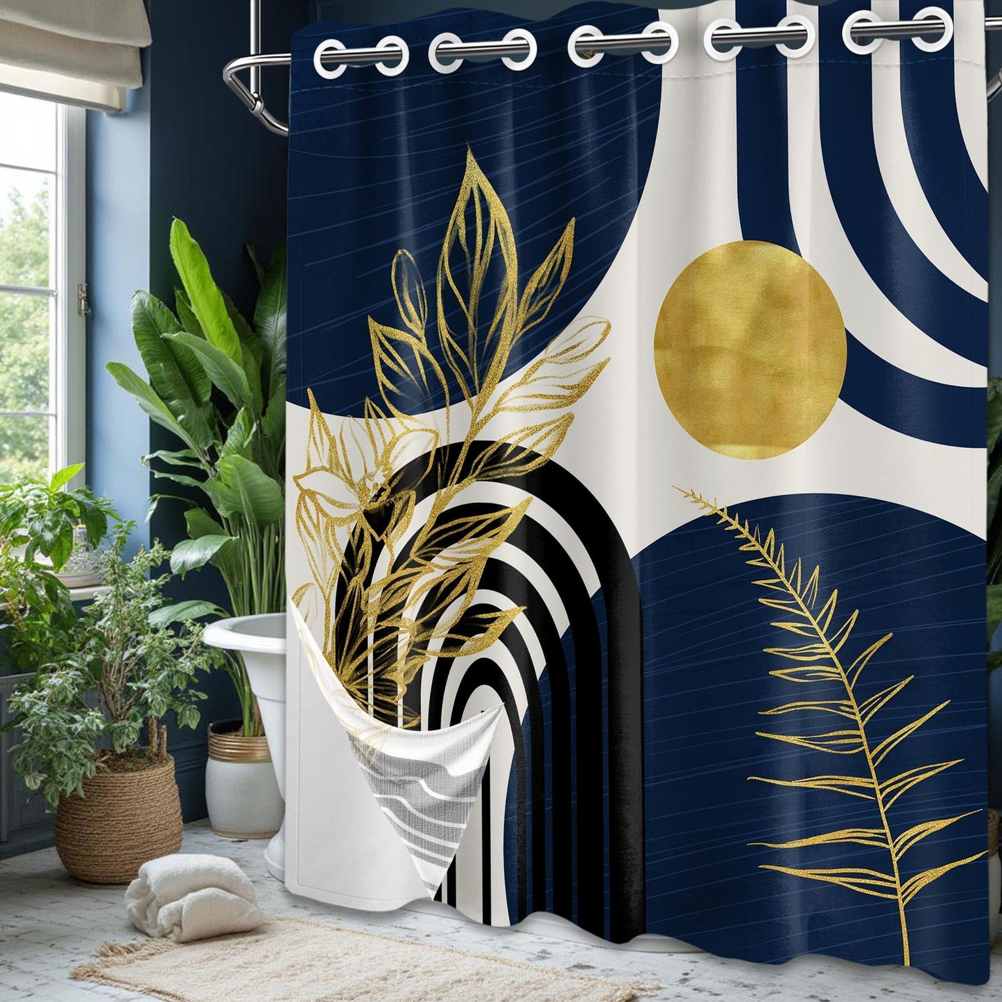 Bxpaitx Navy Blue Hookless Shower Curtain with Snap in Liner Set, Boho Dark Blue and Gold No Hook Shower Curtains for Mens Bathroom, Liner with Magnets, Waterproof Cloth Fabric, 71" W x 74" L