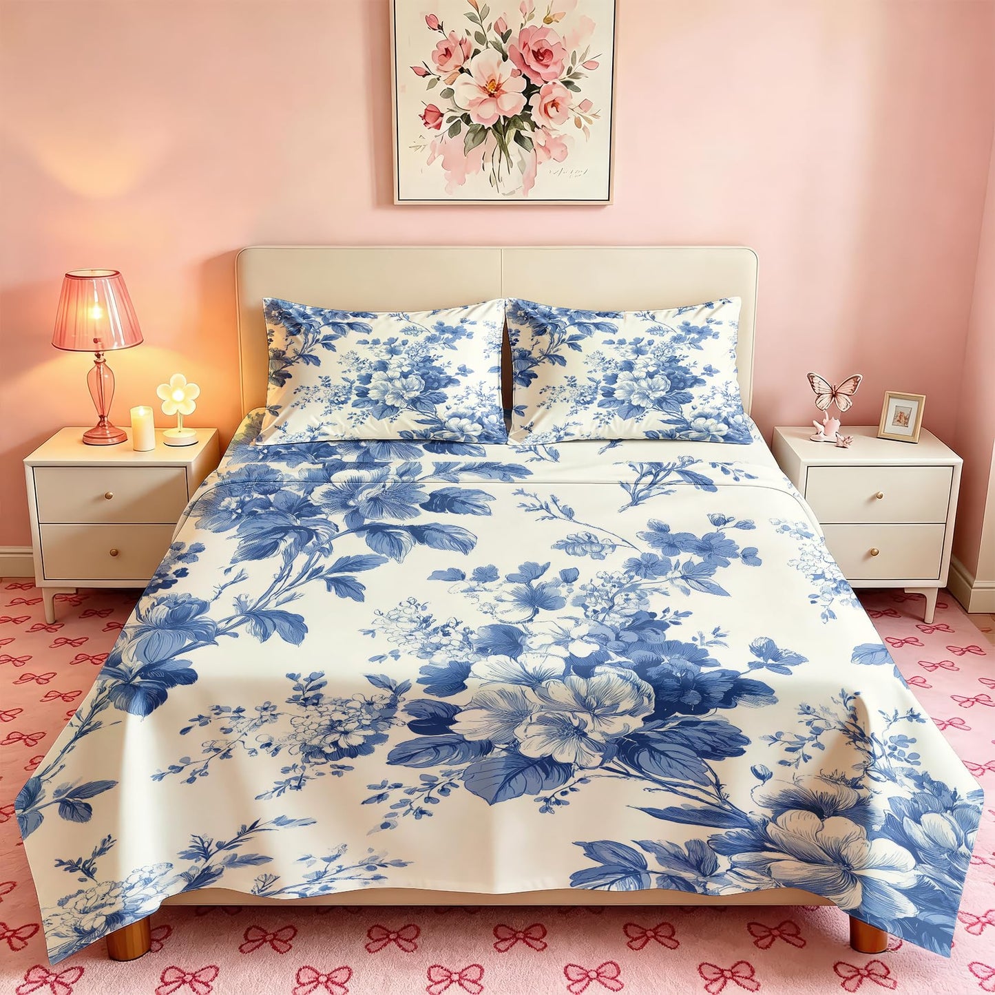 Blue White Floral California King Sheet Set 4 Pcs Chinoiserie Bed Sheets