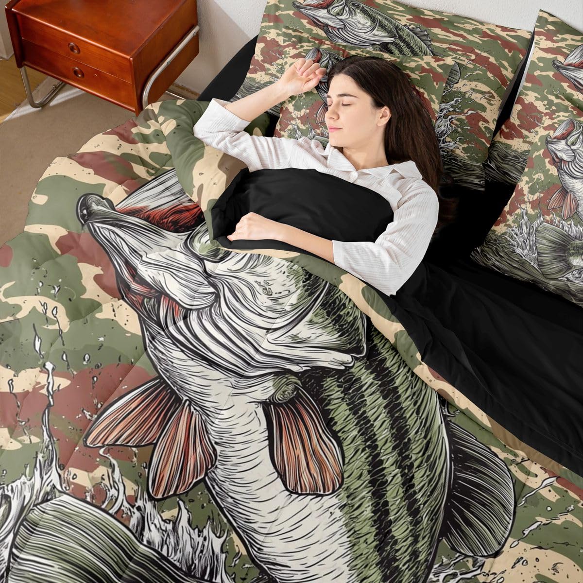 Erosebridal Fish Camo 7-Piece Bed in a Bag Full Size Camo Hunting and Fishing Bedding Set for Kids Boys Teens - Bass Fish Comforter Set with Sheets Camouflage Fishing and Hunting Duvet Insert
