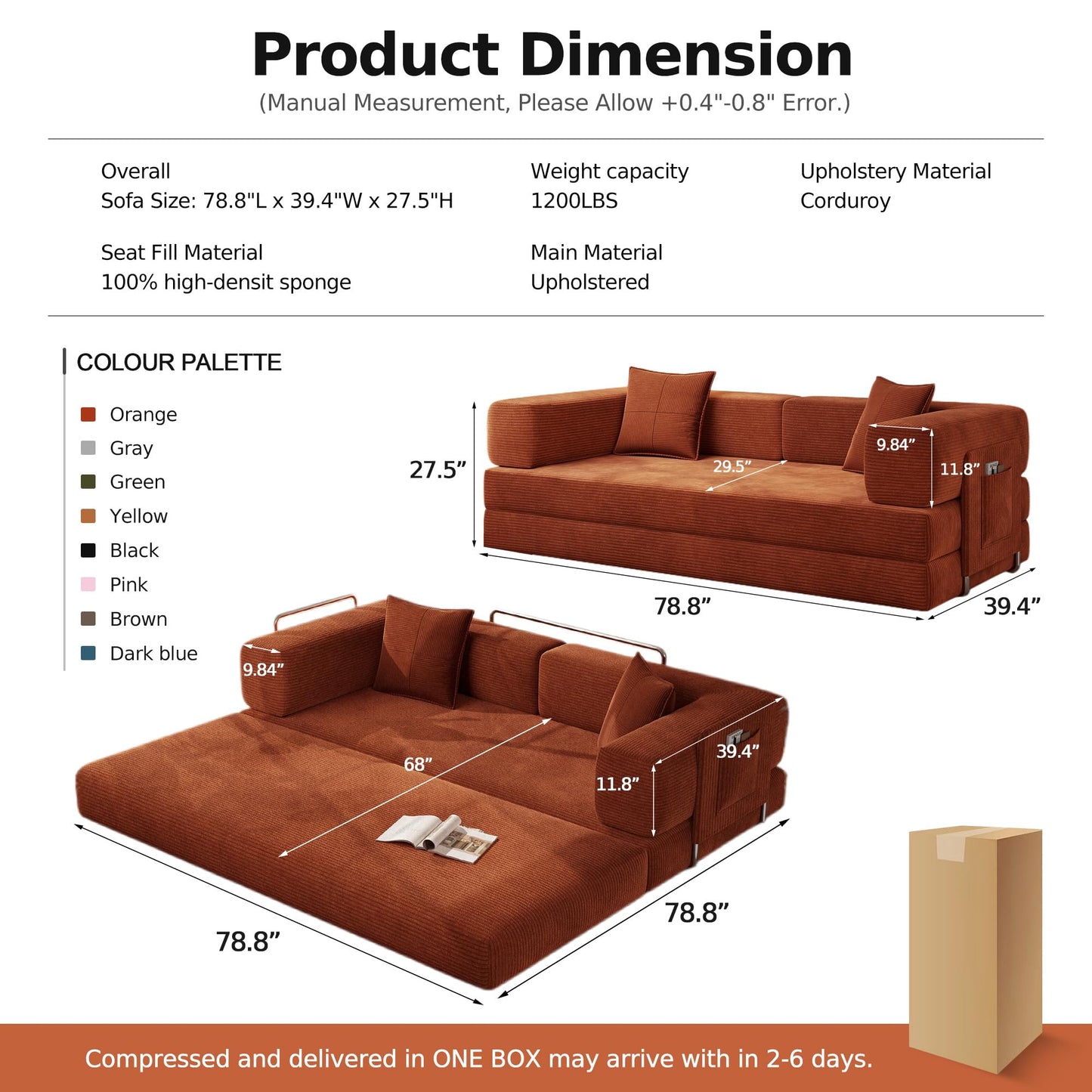 MoonSpeak 78.8''Sleeper Couch Bed for Livingroom，Convertible Modular Sofa with Armrest Pillow，Modular Fldable Corduroy Couches in a Box,No Assembly (Rust Red)