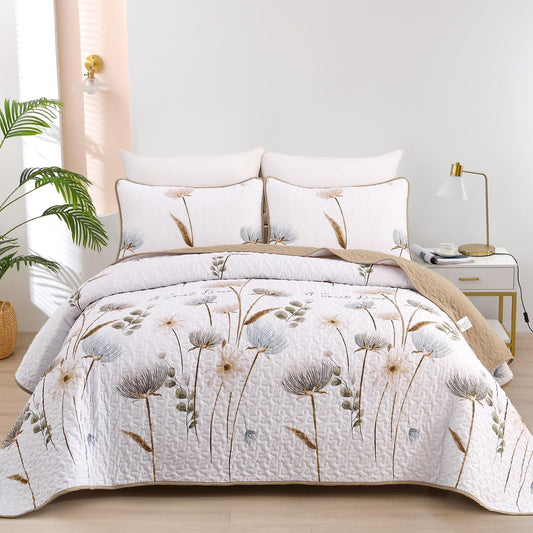 Dinjoy Floral Quilt Set Queen,Beige/Khaki Bedspread Queen Size 3 Pieces Lightweight Fall Quilts Microfiber Farmhouse Bedding Set Soft Flower Bedspreads White Coverlet Sets for All Seasons